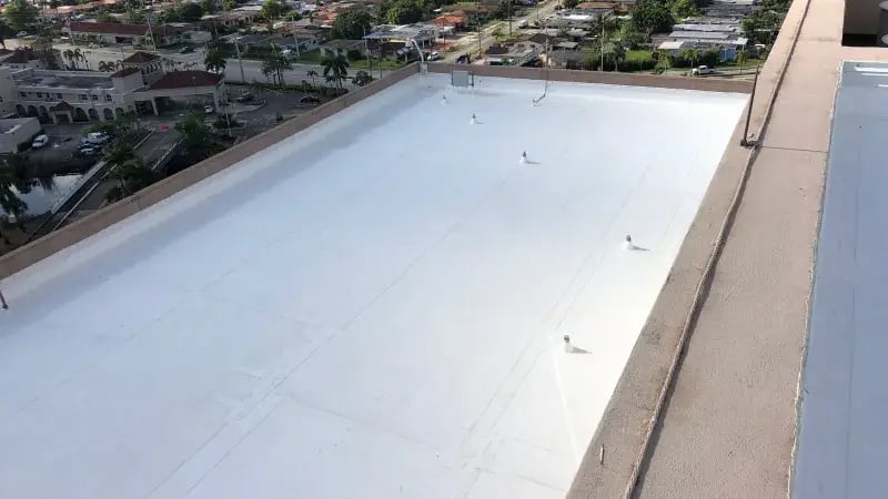 Aerial view of a flat commercial roof with white coating, surrounded by city landscape and greenery.